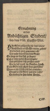 Ermahnung an den Andächtigen Student/ bey dem VIII. Kupffer-Blat.