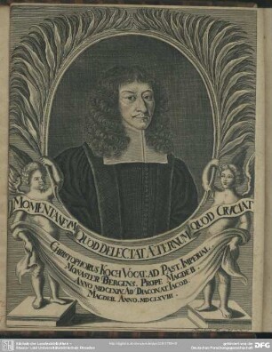 Christophorus Koch Vocat. Ad Past. Imperial. Monaster Bergens. Prope Magdeb. Anno MDCLXIV. Ad Diaconat. Jacob. Magdeb. Anno. MDCLXVIII.