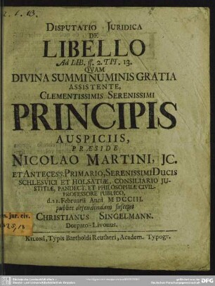 Disputatio Iuridica De Libello Ad Lib. ff. 2. Tit. 13.