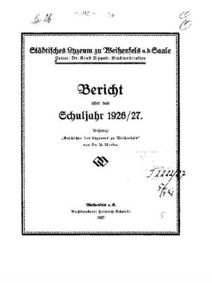 1926/27: Bericht über das Schuljahr ... - 1926/27