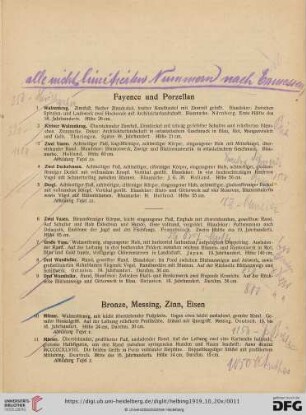 Fayence, Porzellan, Bronze, Messing, Zinn, Eisen (Nr. 1-56)