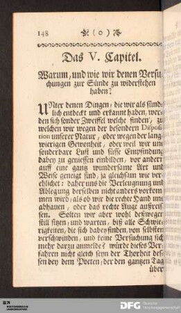 Das V. Capitel. Warum, und wie wir denen Versuchungen zur Sünde zu widerstehen haben?