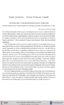 Karl Jaspers- Piper Verlag (1968)