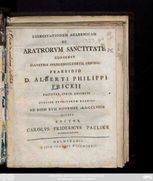 Exercitationem Academicam De Aratrorvm Sanctitate