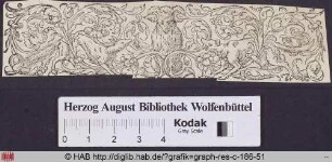 Ornamentleiste mit Schaf, Hunden, Ranken- und Akanthusblattwerk.