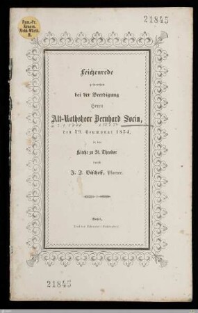 Leichenrede gesprochen bei der Beerdigung Herrn Alt-Rathsherr Bernhard Socin