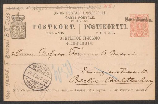 Postkarte an Ferruccio Busoni : 14.07.1896