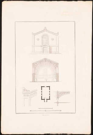 Reitbahn: Ansicht, Querschnitt, Details (aus: Architektonische Entwürfe aus der Sammlung des Architektenvereins zu Berlin, H.2, 1835)