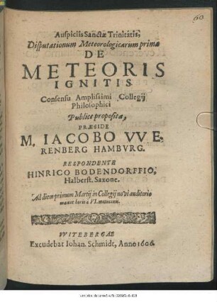 Disputationum Meteorologicarum prima De Meteoris Ignitis