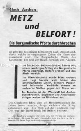 Bebildertes anglo-amerikanisches Abwurf-Flugblatt zur Einnahme von Metz und Belfort