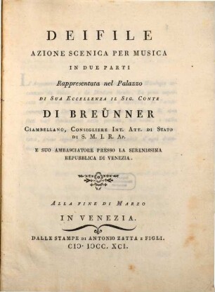 Deifile : Azione scenia per musica in due parti
