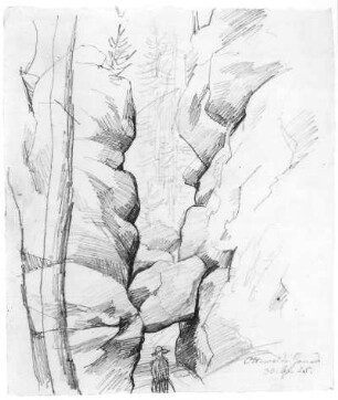 Uttewalder Grund : Rietschel, Ernst: Uttewalder Grund. April 1825. Bleistift auf beigefarbenem Velin; 21,5 x 18 cm. Privatbesitz, WVZ 178