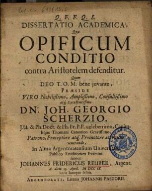 Dissertatio Academica Qua Opificum Conditio contra Aristotelem defenditur