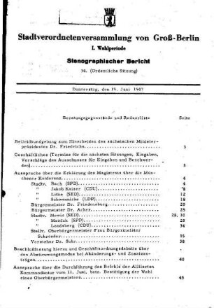 Nr. 34, 19. Juni 1947, Ordentliche Sitzung