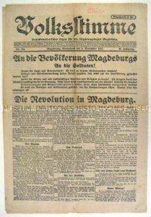 Sozialdemokratische Tageszeitung "Volksstimme" zum Verlauf der Novemberrevolution in Magdeburg
