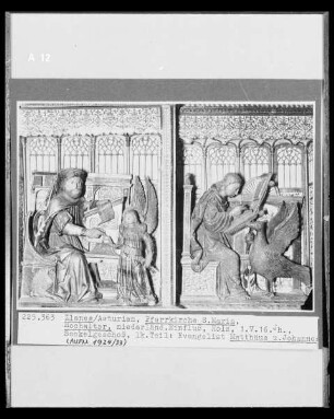 Hochaltar, Sockelgeschoss, linker Teil: Evangelist Matthäus und Johannes
