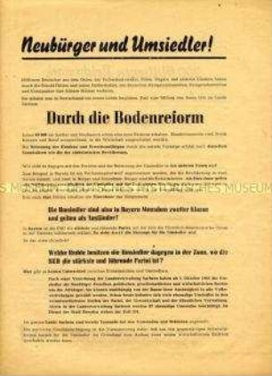 Propagandaflugblatt mit Wahlaufruf der SED mit Ausrichtung auf die Umsiedler