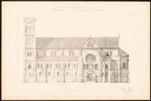 Dreischiffige Romanische Kirche: Ansicht Südseite (aus: C. Schäfer, Die Bauhütte, Entwürfe im Stile des Mittelalters, 3. Bd., 1895, Blatt 7)