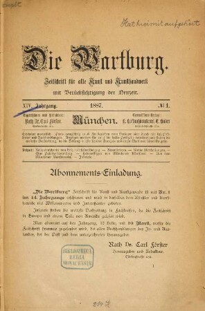 Die Wartburg : Zeitschrift für alte Kunst u. Kunsthandwerk mit Berücksichtigung d. Neuzeit. 14. 1887