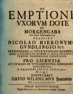 De Emptione Vxorvm Dote Et Morgengaba Ex Ivre Germanico