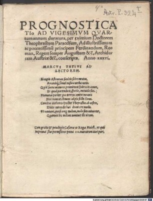 Prognosticatio Ad Vigesimvm Qvartum annum duratura