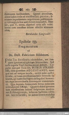 Epistolae 133. Fragmentum ad Dn. Doct. Fabricium Hildanum