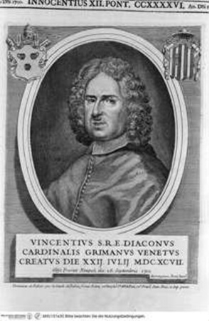 Vitae et res gestae pontificum Romanorum et S.R.E. cardinalium a Clemente X. usque ad Clementem XII. scriptae a Mario Guarnacci : quibus perducitur ad nostra haec tempora historia eorundem ab Alphonso Ciacconio aliisque descripta a S. Petro ad Clementem IX, Tomus Primus / Mario GuarnacciPorträt des Kardinals Vincenzo Grimani - Vita et res gestae ponteficum Romanorum Clemens X - Clemens XII. Tomus Primus.