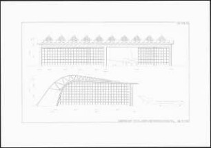Architektonisches Ausstellungskonzept für die ILA 1998 in Schönefeld. Konstruktion einer Flugzeugwartungshalle Schinkelwettbewerb 1997: Ansicht der Ost- und Nordfassade 1:200
