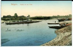 Belgern. Blick auf die Elbe mit Schlepper