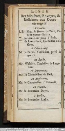 Liste Des Ministres, Envoyes, & Residents aux Cours etrangers.