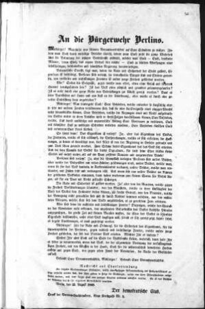 An die Bürgerwehr Berlins. Mitbürger! Man sucht eine schwere Verantwortlichkeit [...] (Sammlung Friedlaender)