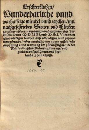 Erschreckenlichen ... mirakel unnd zeychen, inn nachgeschrieben Stetten ... ersehen ...