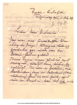 Brief von Adolf Spamer an Niels Diederichs 11.08.1938