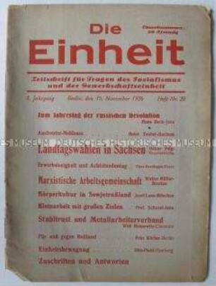 Sozialistische Halbmonatszeitschrift "Die Einheit" u.a. zum Jahrestag der Oktoberrevolution