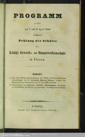 1845/46(1846): Programm zu den am ... erfolgenden Prüfungen der Schüler der Königl. Gewerb- und Baugewerkenschule in Plauen