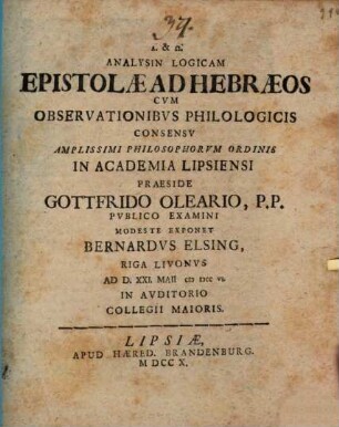 Analysis logicam epistolae ad Hebraeos : cum observationibus philologicis