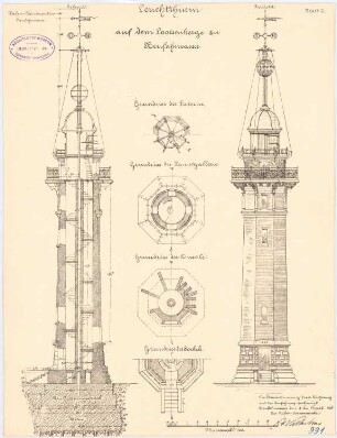 Hafengebäude, Danzig-Neufahrwasser: Leuchtturm: Grundriss, Aufriss, Schnitt 1:100