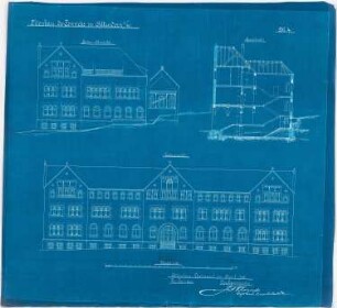 Collegium Bernhardinum, Attendorn: Seiten- und Vorderansicht und Querschnitt 1:100