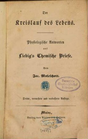 Der Kreislauf des Lebens : physiologische Antworten auf Liebig's Chemische Briefe