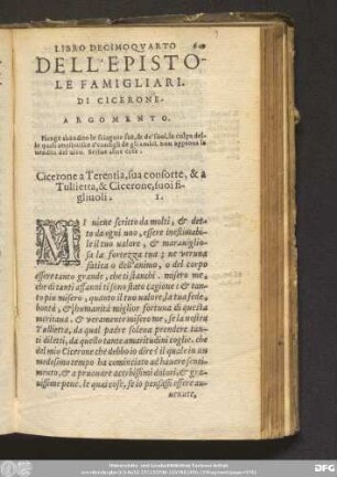 Libro Decimoquarto Dell' Epistole Famigliari Di Cicerone. [A Terentia.]