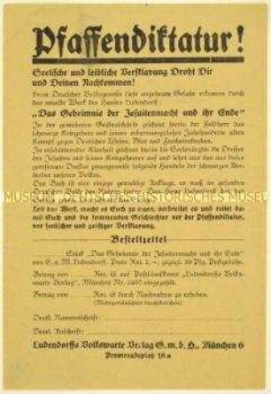 Werbung für die Publikation "Das Geheimnis der Jesuitenmacht und ihr Ende" von Erich und Mathilde Ludendorff