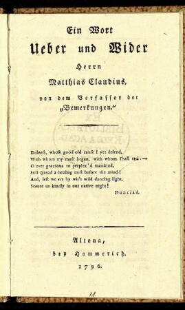 Ein Wort Ueber und Wider Herrn Matthias Claudius