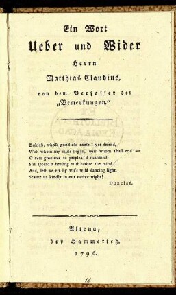 Ein Wort Ueber und Wider Herrn Matthias Claudius