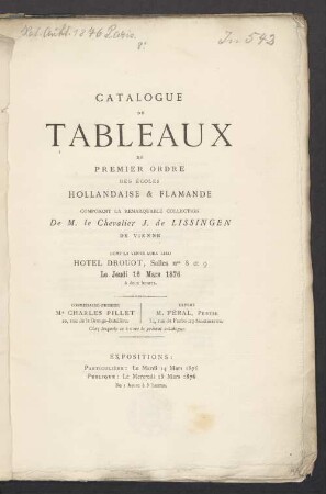 Tableaux des écoles holland. et flam. de la collection S. de Lisssingern, Vienne : 16.3.