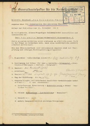 Kammerspiele des Deutschen Theater, Berlin: Fragebogen für das Handbuch »Das Deutsche Theater«, erste Fassung, vierseitiges Dokument