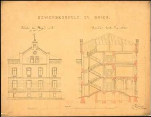 Gewerbeschule, Brieg: Aufriss Fassade des Flügels von der Promenade, Querschnitt des Treppenhauses Maßstabsleiste
