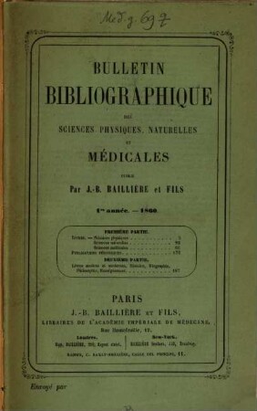 Bulletin bibliographique des sciences physiques, naturelles et médicales, 1860 = année 1