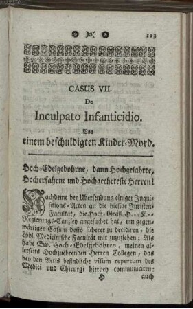 Casus VII. De Inculpato Infanticidio. Von einem beschuldigten Kinder-Mord.