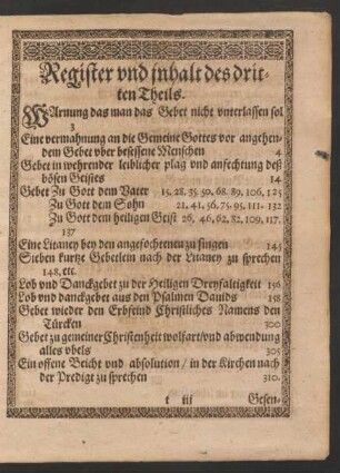 Register und inhalt des dritten Theils.