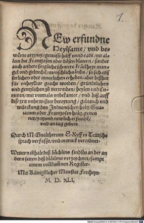 New erfundene Heylsame und bewährte artzney ... nit allein die Frantzosen ... zu vertreiben